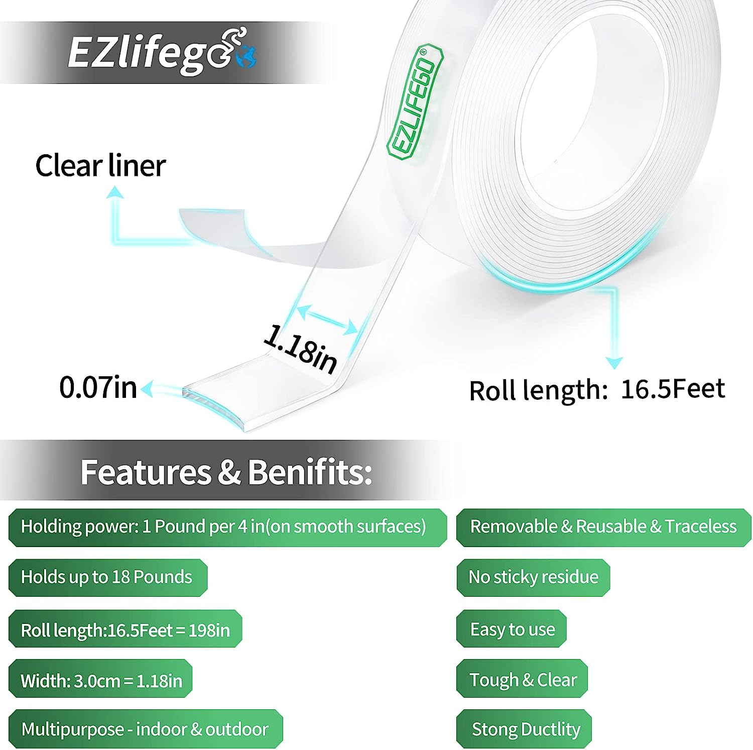EZlifego Double Sided Tape Heavy Duty, Extra Large & Tough Adhesive Mounting Tape, Multipurpose Nano Tape Picture Hanging Strips, Removable Sticky Poster Tape for Walls Decor Carpet Tape(Clear,9.85FT) - Image 2